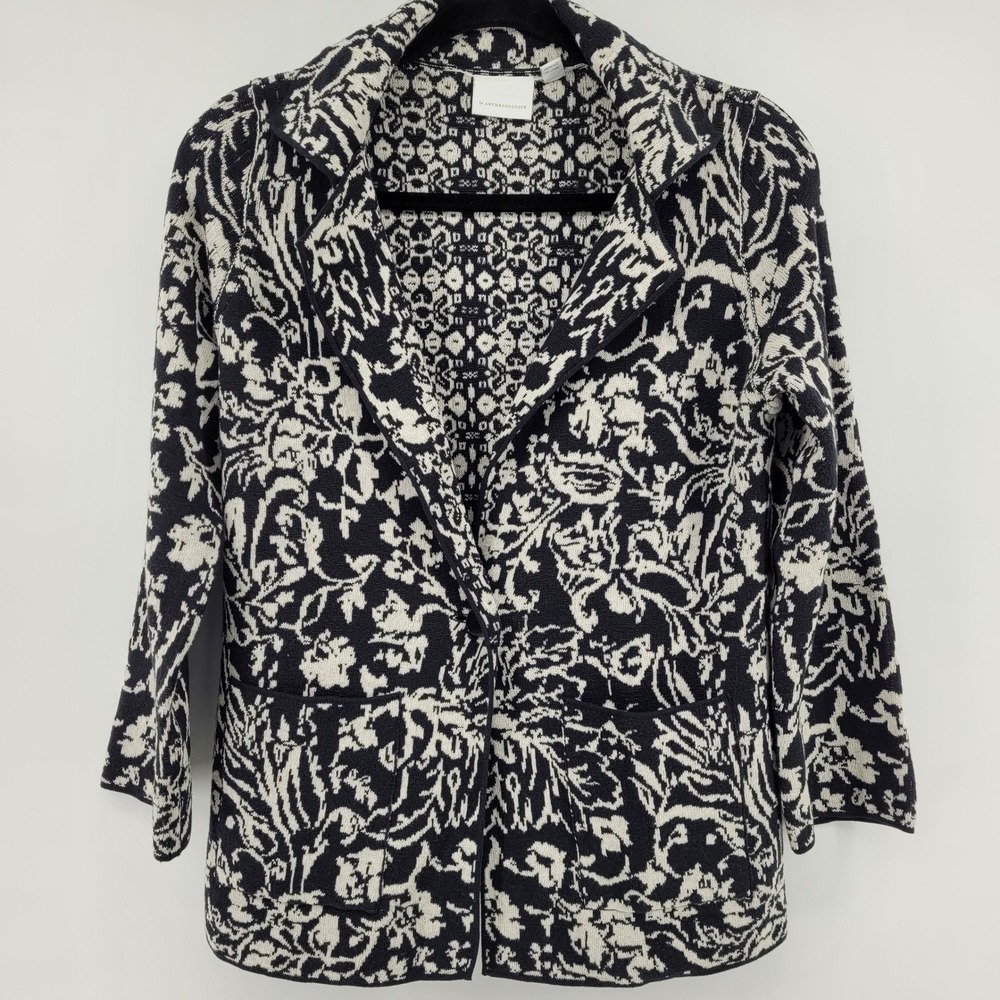 Anthropologie Size Small Black White Floral Jacquard Cotton Knit Cardigan